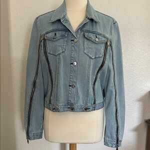 bebe Light Wash Denim Jacket with Zipper Accents